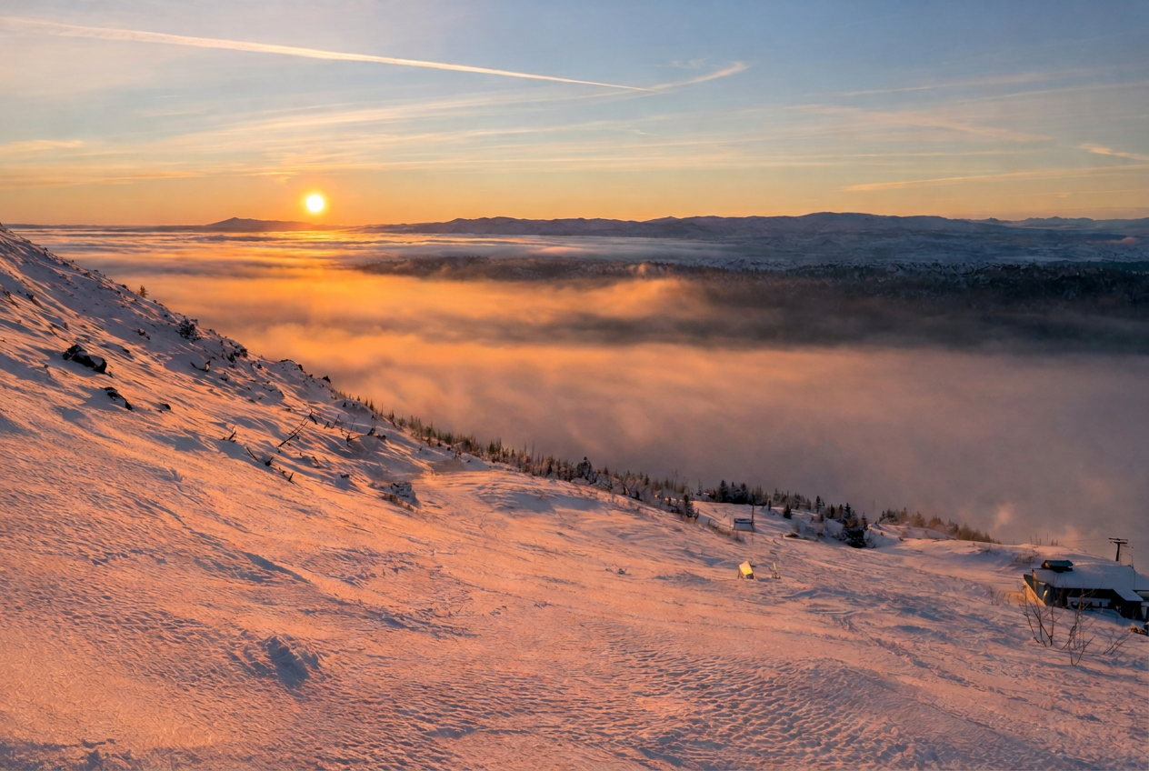 Soluppgång över ett snötäckt fjäll med dimma i dalen